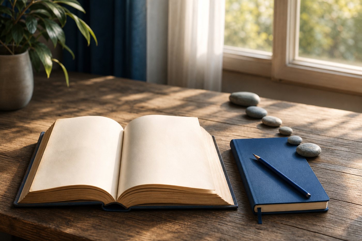 Open book beside a notebook and pencil in warm morning light, suggesting reflection followed by practical action