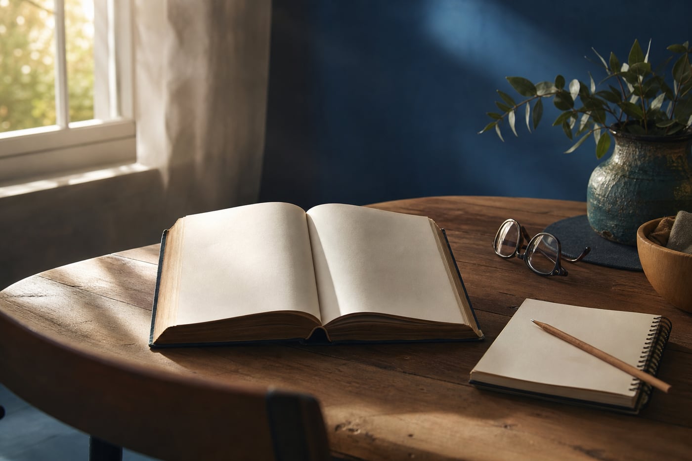 Open recovery book beside a notebook and pencil on a quiet wooden table in warm morning light