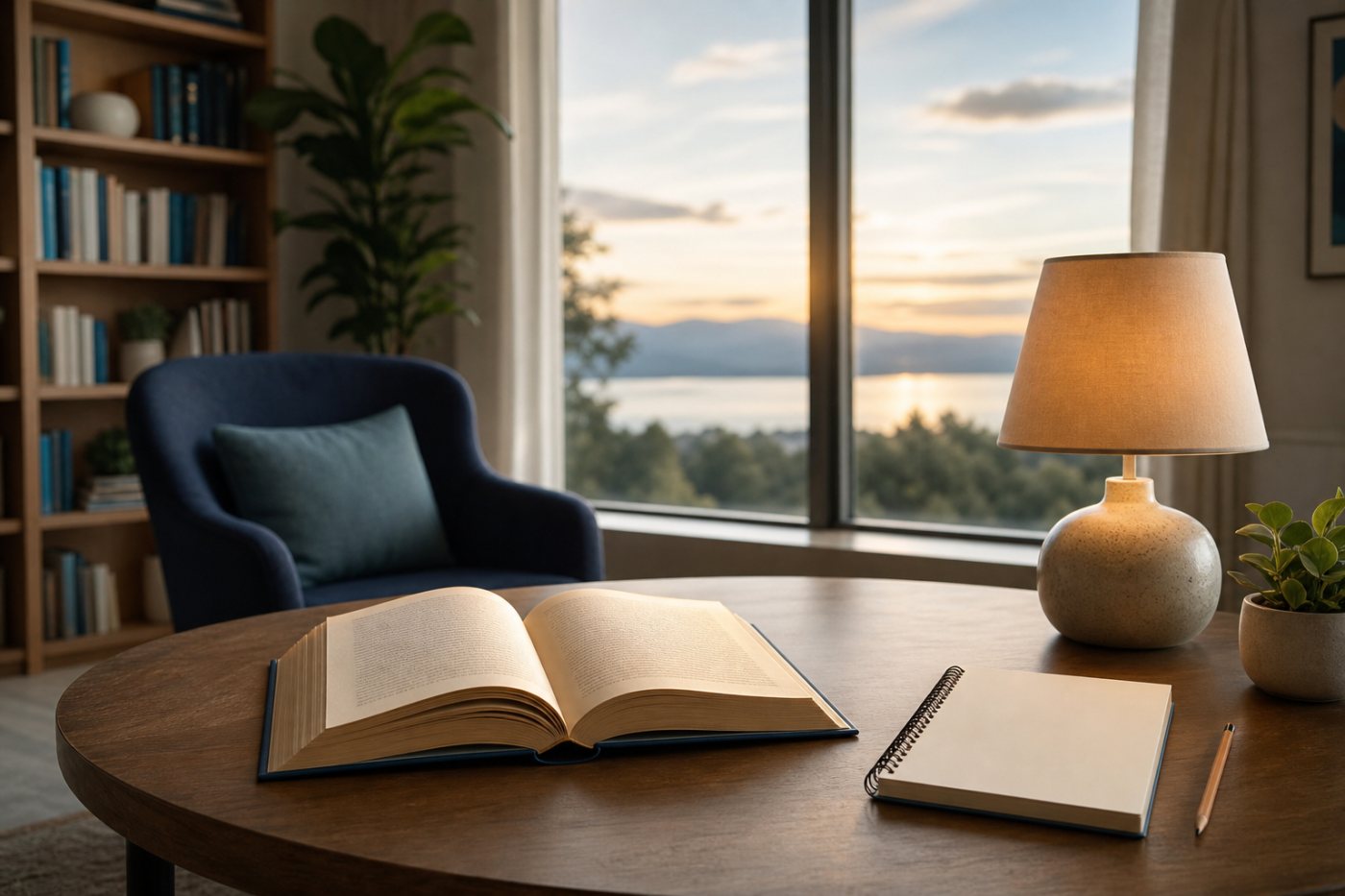 An open book beside a notebook and a softly glowing lamp in a quiet, welcoming reading space