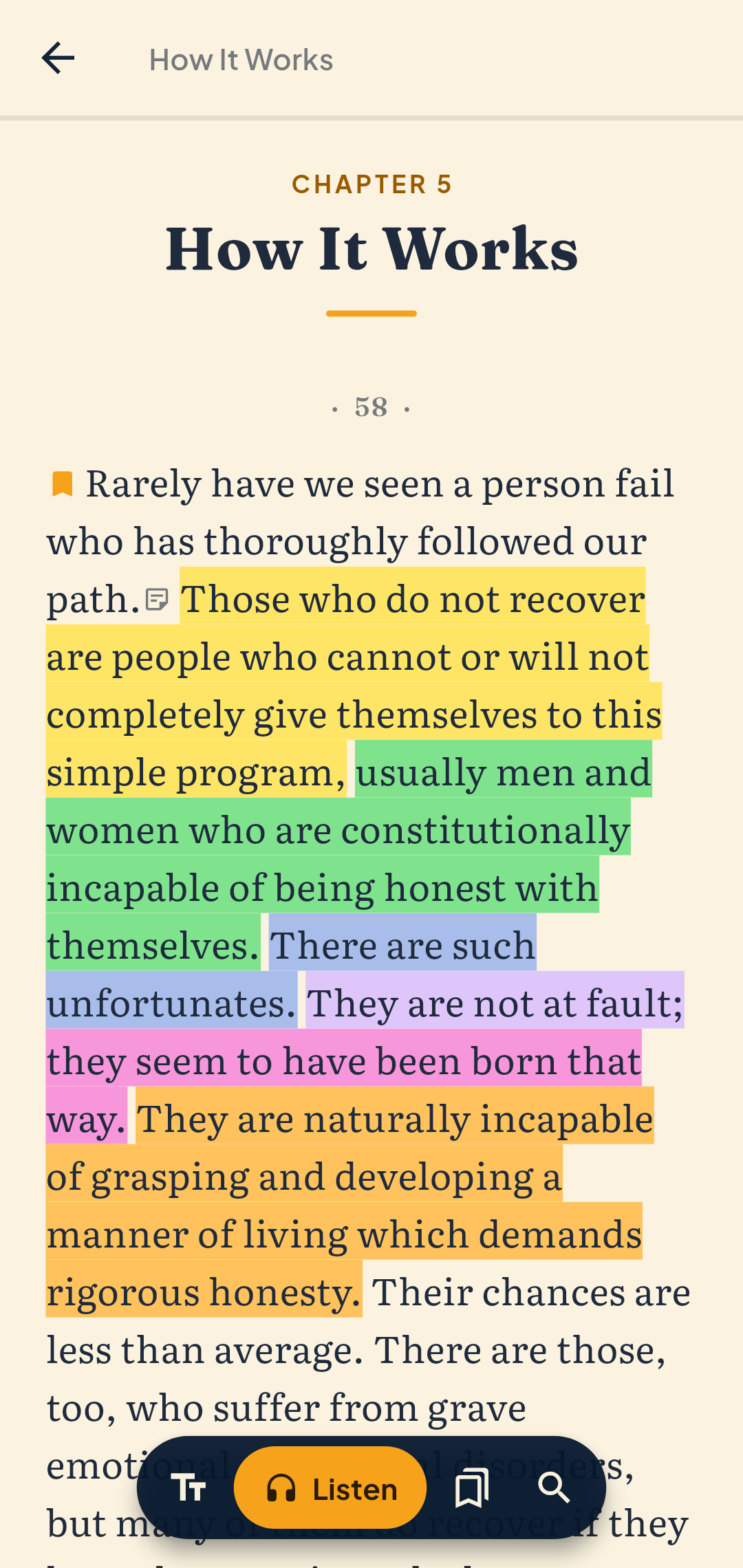 Highlighted passage in the Big Book reader
