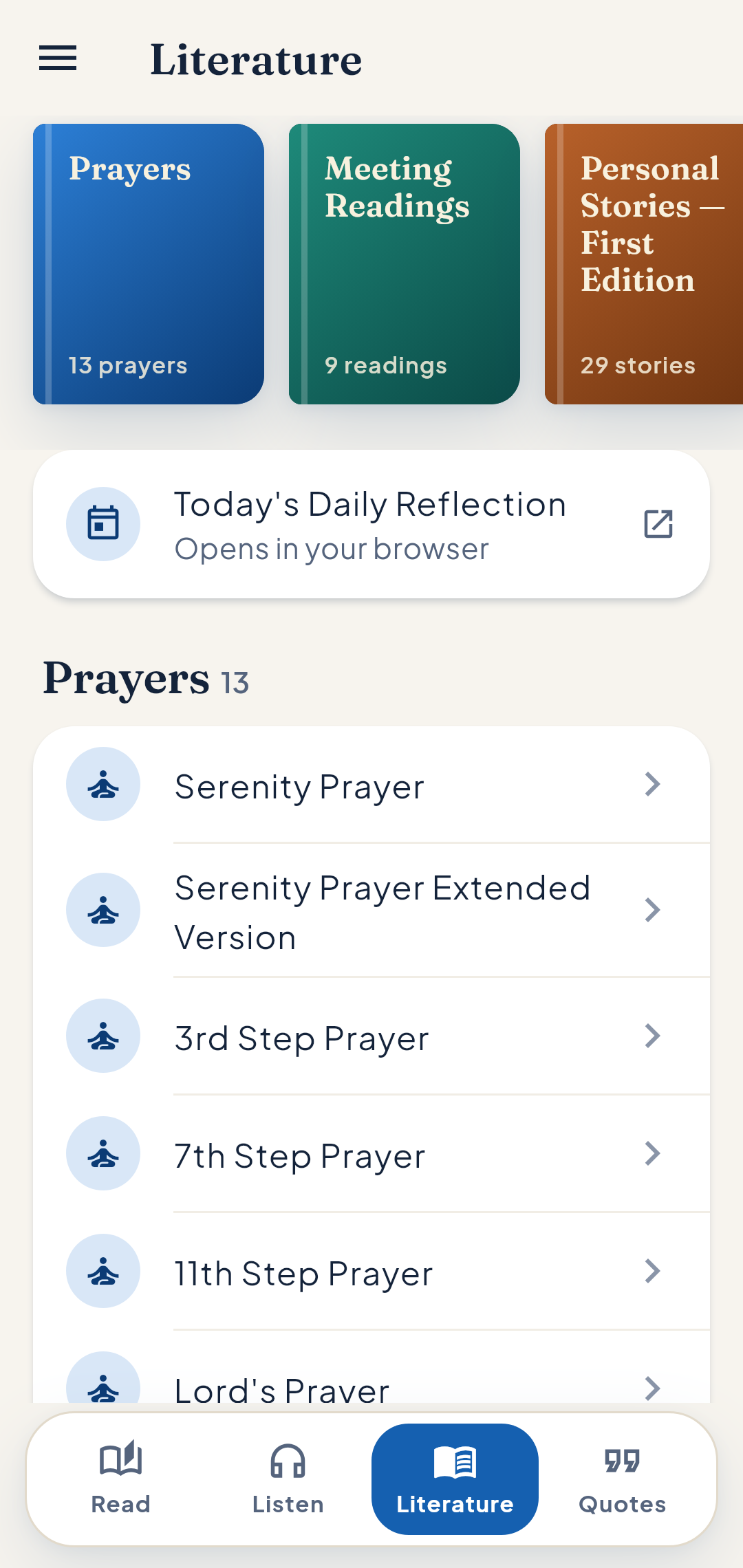AA Big Book literature, chapters and prayers inside the app